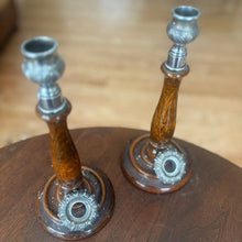 Load image into Gallery viewer, Vintage Eduardian Wood and Metal Candle Holders - The Celtic Farm